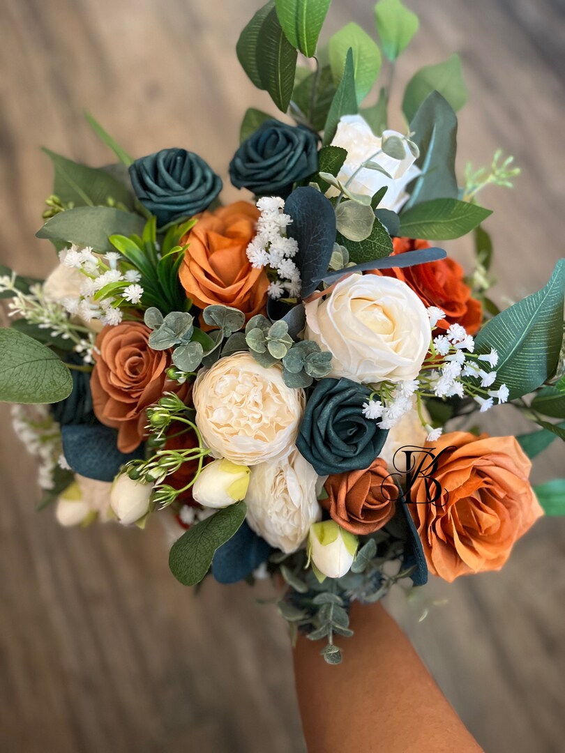 Terracotta Teal Ivory Wedding Bouquet Artificial Fall Bridal Terracotta Teal Ivory Wedding Bouquet Artificial Fall Bridal